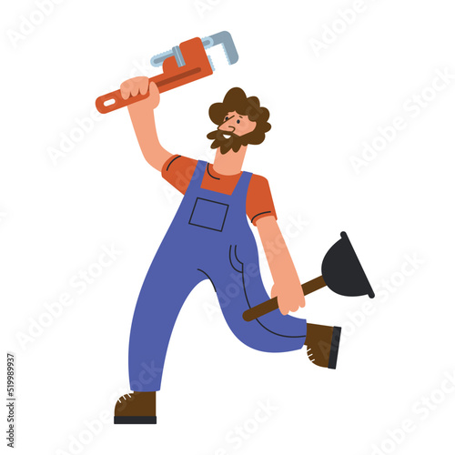 A plumber in overalls with tools in his hands will perform a qualified and quick repair of equipment. Plumbing repair services, plumbing work. Flat cartoon graphic style illustration