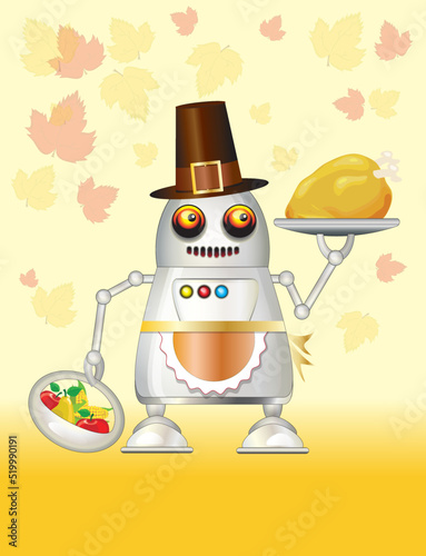  A robot dressed for Thanksgiving and serving turkey dinner, fruit and vegetables. EPS10 vector format. Space for your text.