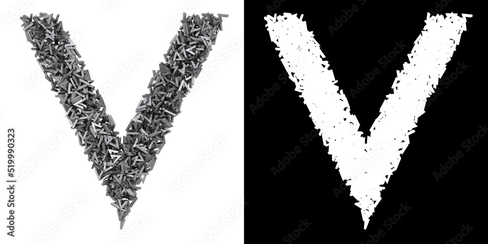 Letter V made of small metal letters v, isolated on white with clipping mask, 3d rendering Letter V made of small metal letters v, isolated on white with clipping mask, 3d rendering