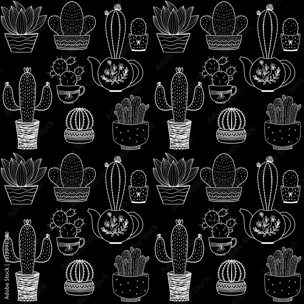 seamless background, illustrations with the image of a cactus. A set of hand-drawn cactus outlines. Elements of the nature of cactus plants