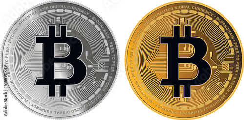 silver and gold coins with bitcoin symbol isolated on white background