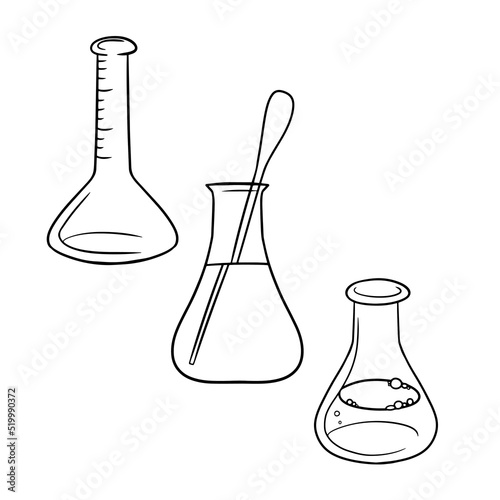 Monochrome Set of various triangular glass flasks with a solution for experiments, vector cartoon