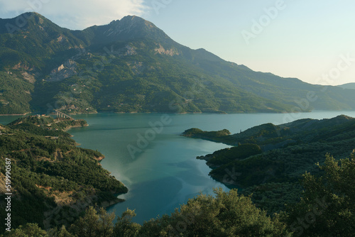 Picturesque landscape view of lake and mountains in Central Greece, Evrytania region. Lake Kremaston.