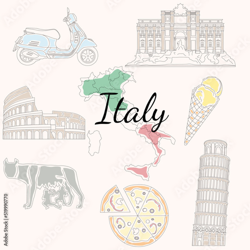 Italy. Set of linear icons on the theme of Italian landmarks. Architect of Italy. Italian food. Italian transport.