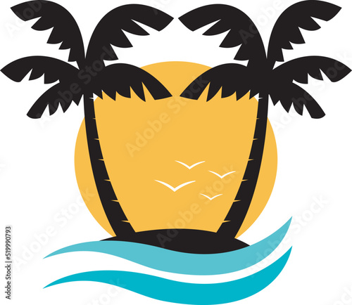 Holidays illustration. Vector island with palms and ocean waves. 