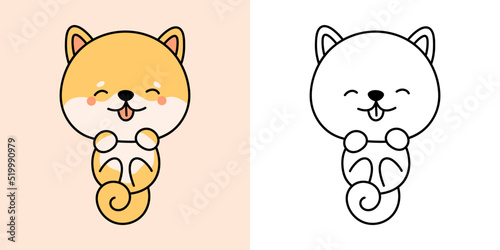Cute Shiba Inu Clipart for Coloring Page and Illustration.  Happy Clip Art Shiba Dog. Vector Illustration of a Kawaii Shiba Inu Puppy for Stickers, Prints for Clothes, Baby Shower, Coloring Pages.
