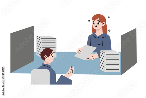 Man and Woman Taking Bank Loan or Mortgage in Real Estate Office. Clerk Sitting at Desktop Showing Documents, Reviewing, Giving Approved Credit Contract. Cartoon Flat Vector Illustration