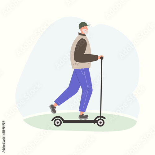 an elderly man rides a scooter