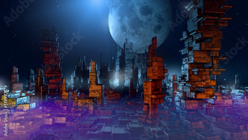 Futuristic skyscrapers with full moon. Science fiction cityscape. 3D rendering photo