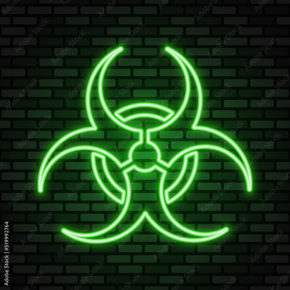 Biohazard neon icon. Green neon sign on dark brick wall. Best for