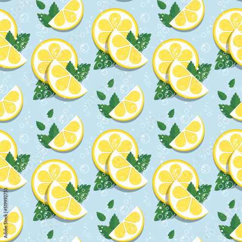 Slices of lemon, bubbles and mint leaves on blue background. Vector seamless pattern. Best for textile, wallpapers, home decoration, wrapping paper, package and web design.