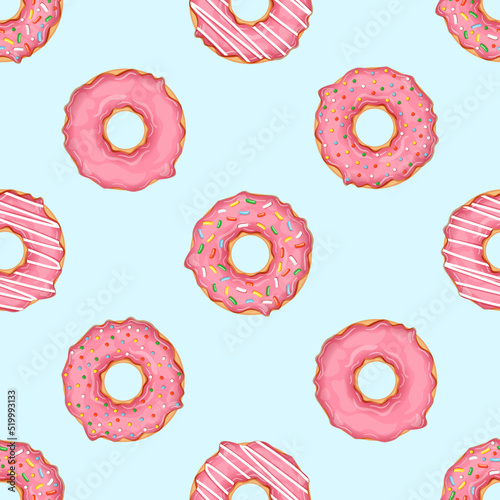 Seamless pattern with donuts with pink icing and colorful sprinkles. Vector illustration for fabrics, textures, wallpapers, posters, cards. Editable elements.