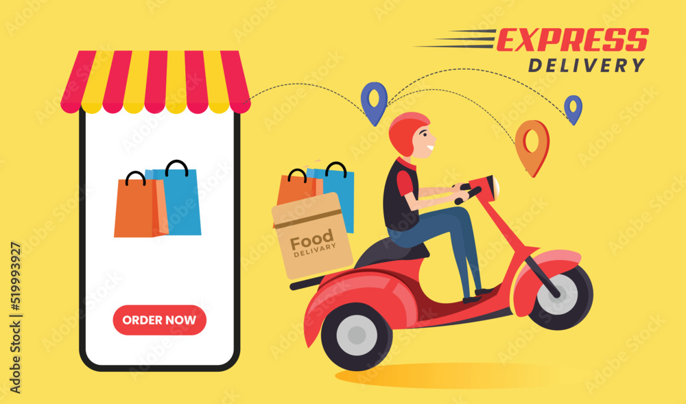 Express Delivery, Red Scooter , Online delivery service, online order tracking, home delivery, shipping. Man on the bike with mask Express Delivery, Red Scooter , Online delivery service, online order tracking, home delivery, shipping. Man on the bike with mask