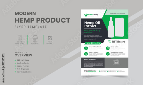 Hemp product flyer template | Hemp product brochure | Cannabis Flyer with green elements | Leaflet presentation, health poster, layout, magazine background in A4.