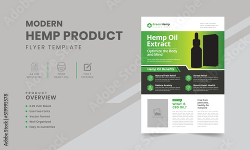 Hemp product flyer template | Hemp product brochure | Cannabis Flyer with green elements | Leaflet presentation, health poster, layout, magazine background in A4.