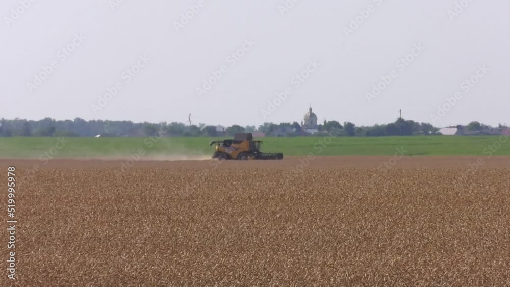 Combine harvester harvests ripe wheat in Ukraine. Concept of a rich harvest. Agriculture image. Combine harvester harvests ripe wheat in Ukraine. Concept of a rich harvest. Agriculture image.