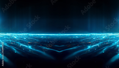 Abstract blue futuristic background, data center, data transfer, rays and lines, blue neon. Reflection of light in space. Dark futuristic empty scene. 3D illustration.