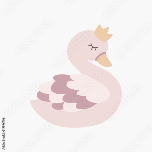 Scandinavian cartoon swan in pastel colors. Hand drawn vector element for nursery decoration, baby shower, party, poster, invitation, postcard