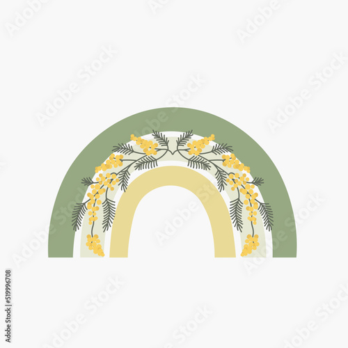 Scandinavian boho rainbow with mimosa in pastel colors, women's day, spring, easter. Hand drawn vector element for decoration, poster, postcard, invitation, banner