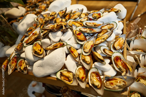 top view of a large number of mussels table decoration during catering