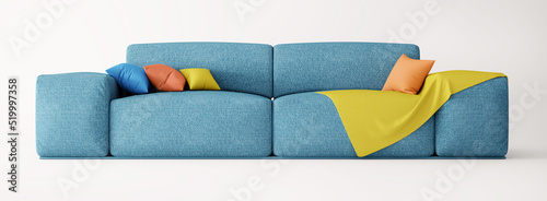 Tableau sur toile Blue modern sofa isolated on white background, colorfull pillows and plaid, isol