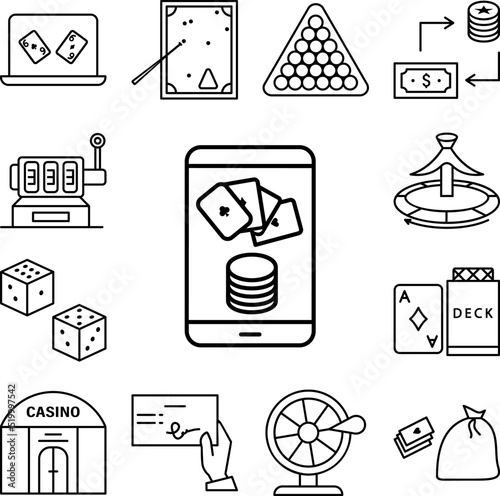 Online bet, phone, casino icon in a collection with other items