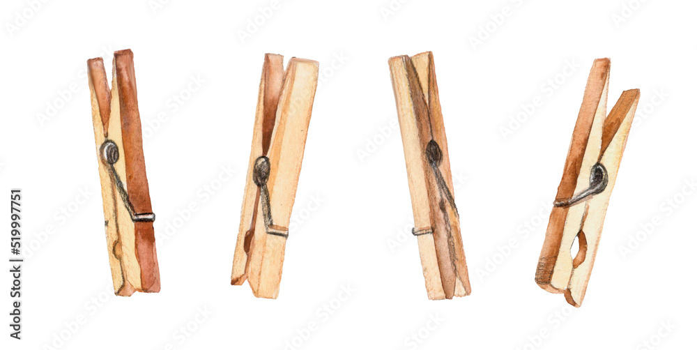 wooden clothespins watercolor illustration isolated on white background