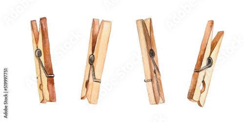 wooden clothespins watercolor illustration isolated on white background