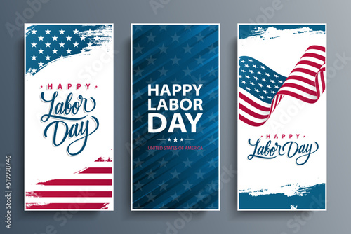 United States Labor Day celebration flyers set  with American national flag. Happy Labor Day. USA national holiday vector illustration.