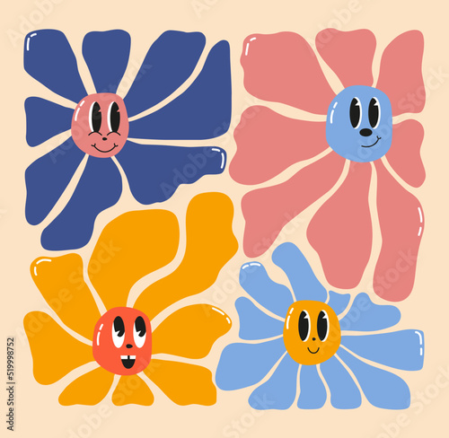 Fototapeta Naklejka Na Ścianę i Meble -  Doodle flowers with cartoon funny smiling faces, daisy retro characters. Cute floral happy emotion. Childish logo design with daisies vector set. Illustration of smile flowers 