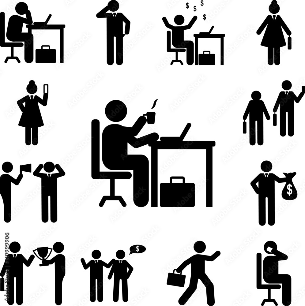 Businessman tea drink pause icon in a collection with other items Businessman tea drink pause icon in a collection with other items