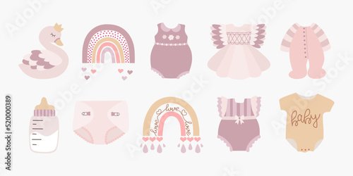 Scandinavian boho set with rainbows, swan, bottle, diaper, clothes in pastel colors. Hand drawn vector elements for nursery decoration, baby shower, party, poster, invitation, postcard