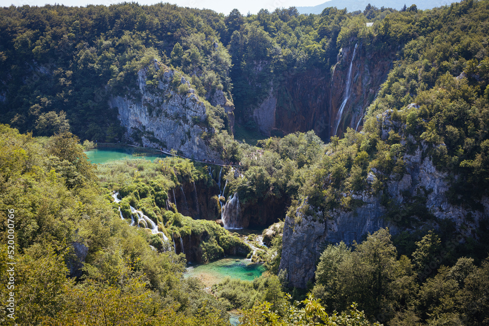 panoramic view of Plitvice Lakes National Park and the highest waterfall 