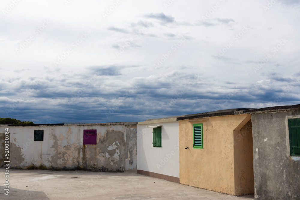 retro beach cabins made out of concrete in Jadrije on the Croatian Adriatic coast retro beach cabins made out of concrete in Jadrije on the Croatian Adriatic coast