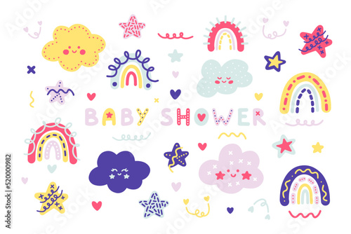 Delicate and cute children's vector set in scandinavian style with over forty elements. Adorable clouds, rainbows, stars and hearts in pastel colors for kids, nursery, textiles, wrappers, decor