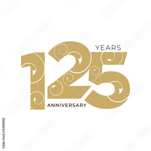 125 Year Anniversary Logo, Golden Color, Vector Template Design element for birthday, invitation, wedding, jubilee and greeting card illustration.