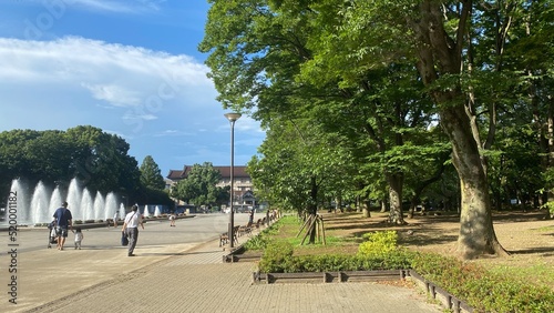 The grass, trees and the fountain at the park of Ueno Tokyo Japan, year 2022 July 28th