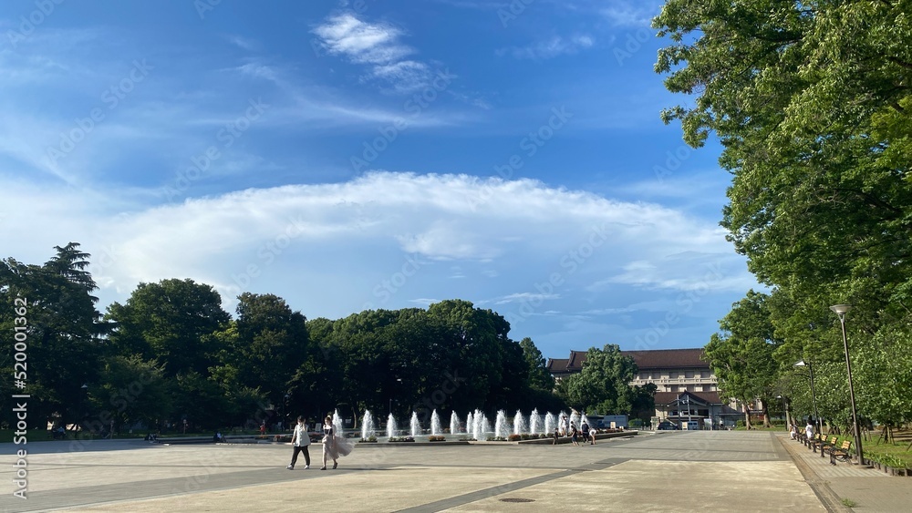 Fountain and the beautiful sky of Ueno Tokyo Japan, year 2022 July 28th