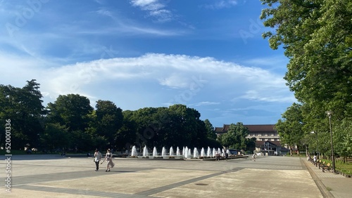 Fountain and the beautiful sky of Ueno Tokyo Japan, year 2022 July 28th