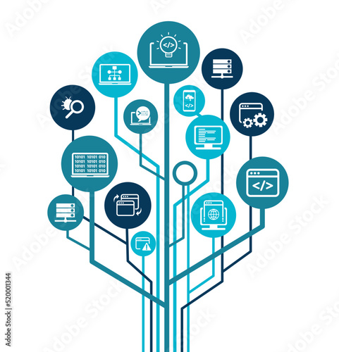 software engineering or programming vector illustration. Blue concept related to html coding, beta testing an application, software design and development process, implementation and verification.