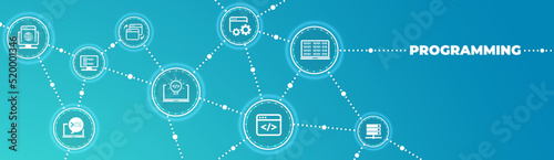 software engineering or programming vector illustration. Blue concept related to html coding, beta testing an application, software design and development process, implementation and verification.