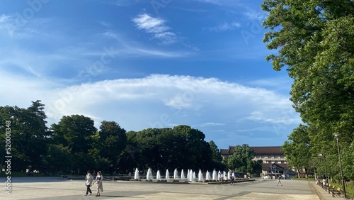 Fountain and the beautiful sky of Ueno Tokyo Japan, year 2022 July 28th