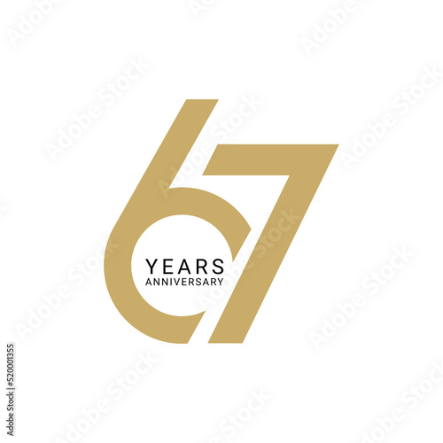 67, 67th Year Anniversary Logo, Golden Color, Vector Template Design element for birthday, invitation, wedding, jubilee and greeting card illustration.