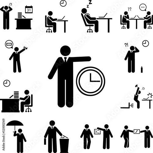 Time, businessman, job icon in a collection with other items