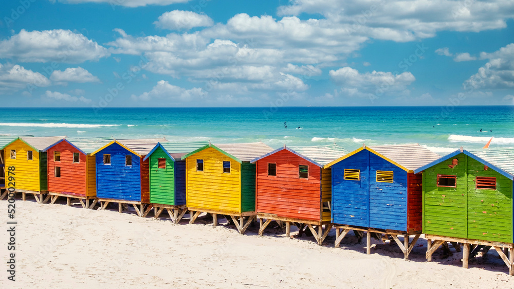 colorful beach house at Muizenberg beach Cape Town, beach huts, Muizenberg, Cape Town, False Bay, South Africa. - obrazy, fototapety, plakaty 