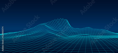 Landscaping of mountains. Abstract 3d wireframe cyberspace mesh. Vector illustration.
