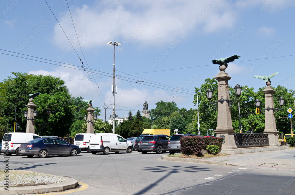 Urban infrastructure - Eagle bridge with intersection, traffic lights and eagle sculpture, Sofia, Bulgaria