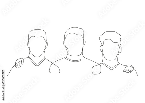 Community man friend hug other males as support, continuous one art line drawing. Three human heads, mens team work, unity group. Brothers in embrace. Vector outline illustration