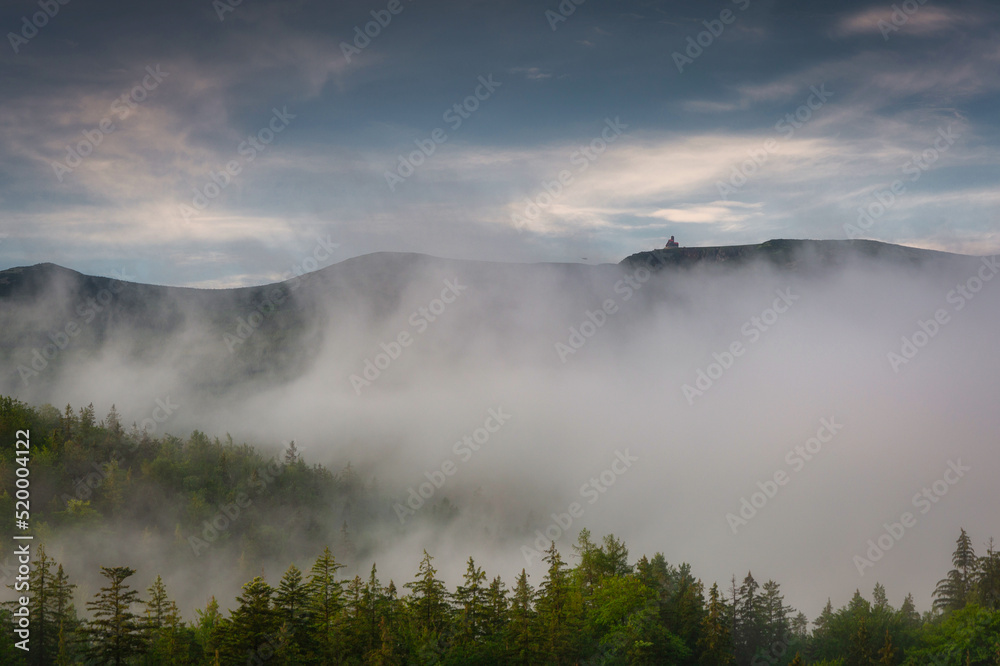 Morning mists over the Karkonosze Mountains. Poland