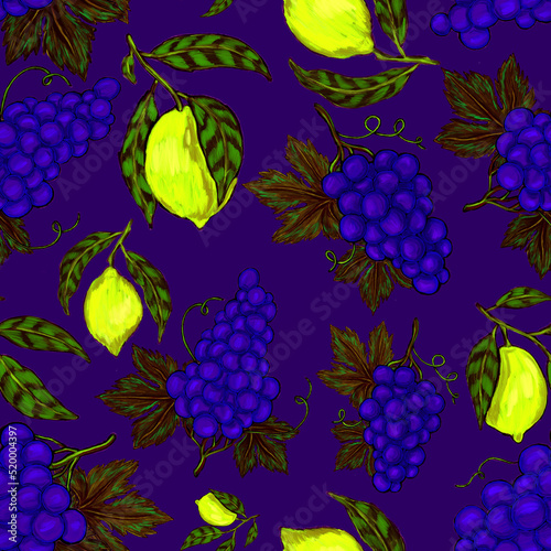 Fototapeta Naklejka Na Ścianę i Meble -  Creative seamless pattern with fruits: lemons, oranges, grapes and pomegranates. Oil paint effect. Bright summer print. Great design for any purposes	